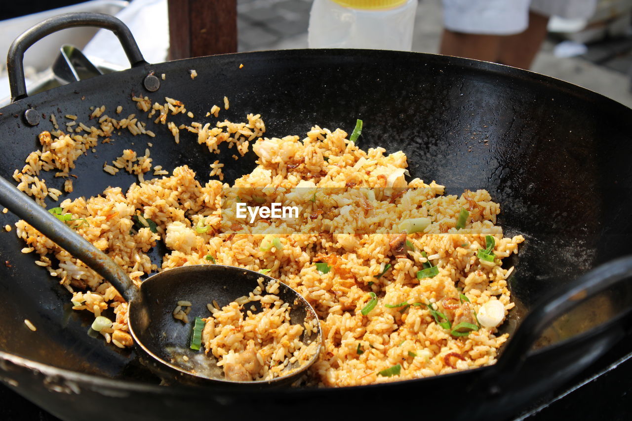 High angle view of rice in container