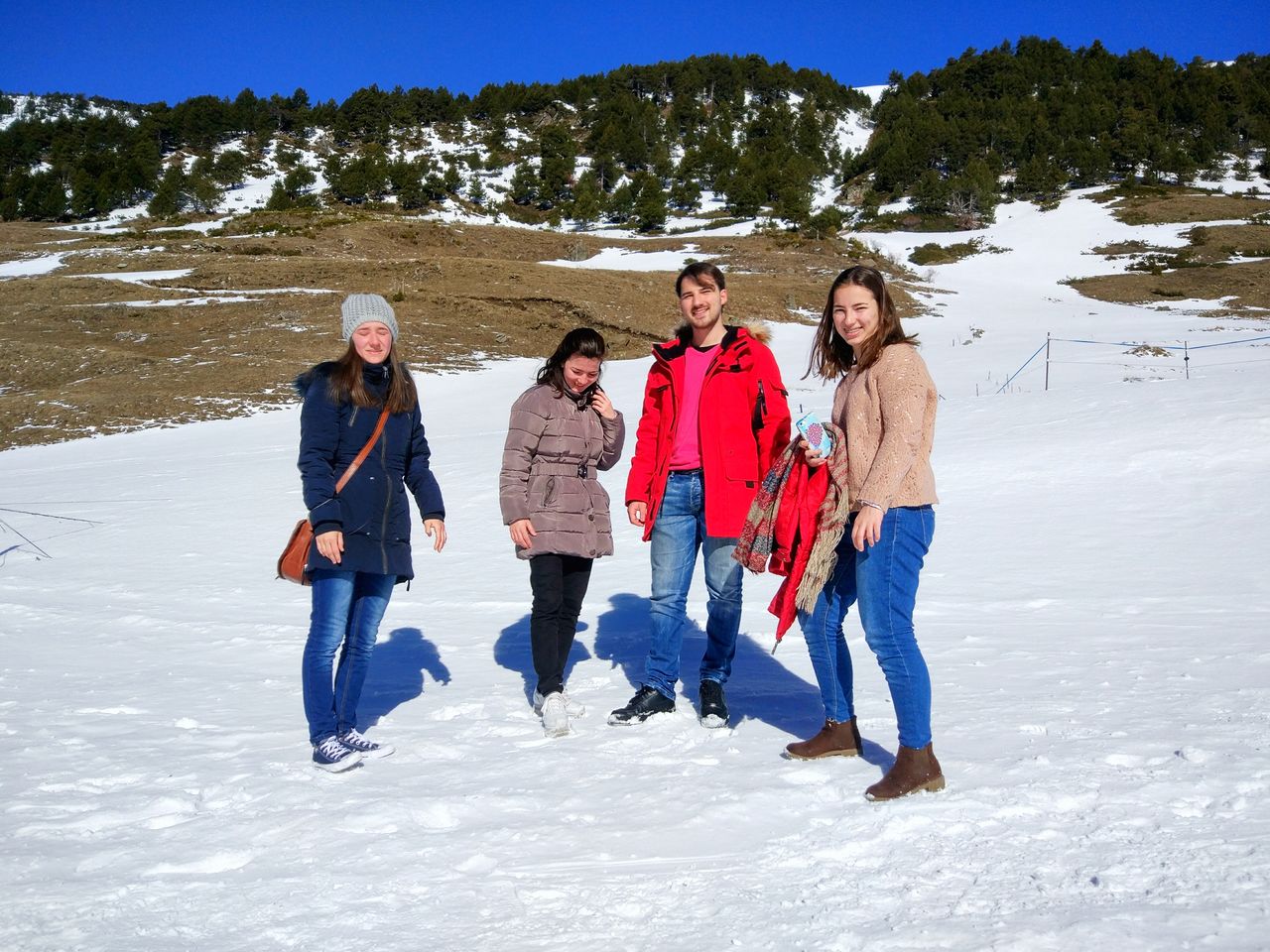 Friends on snow covered land