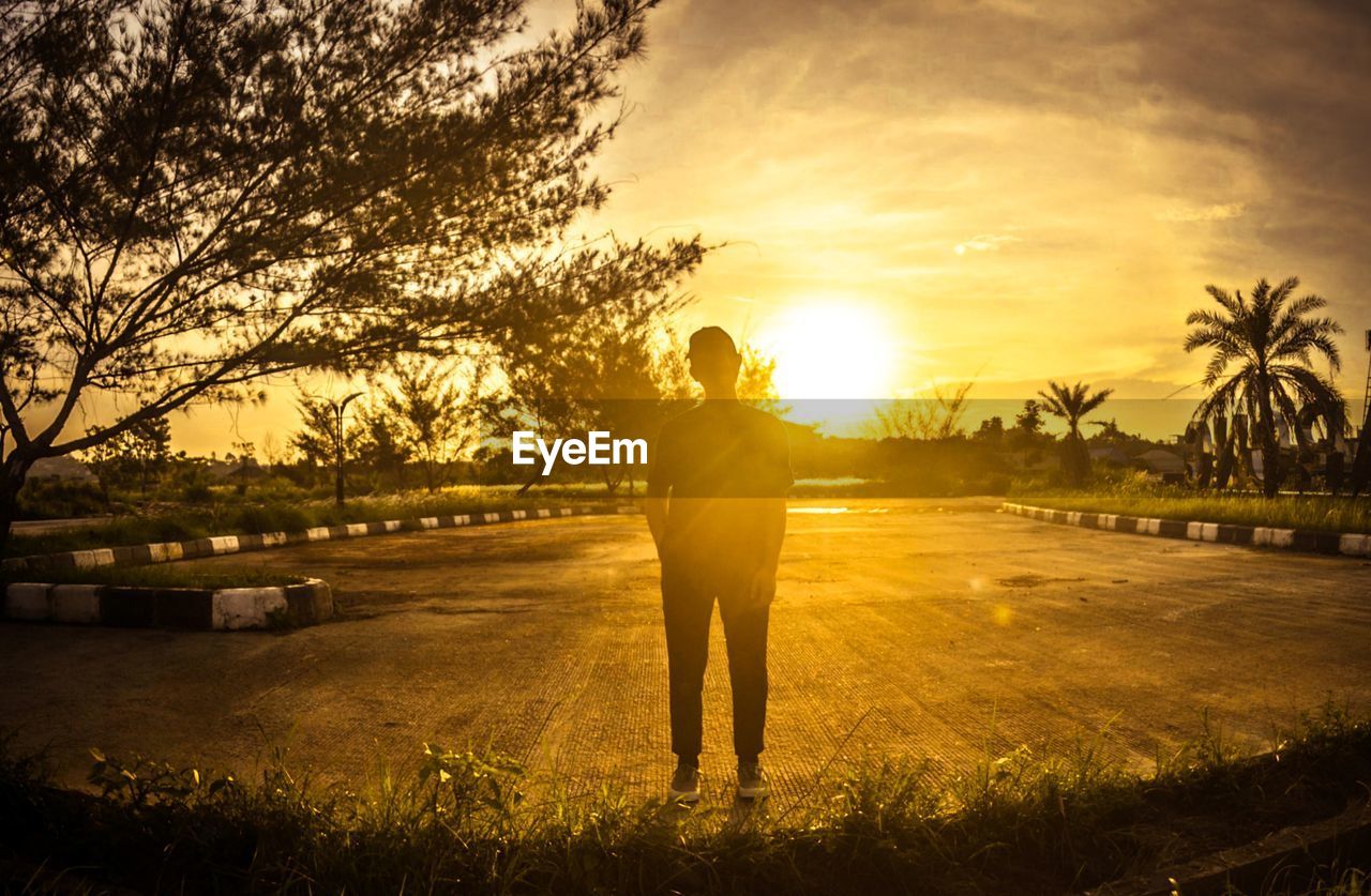 Silhouette man standing by palm trees during sunset