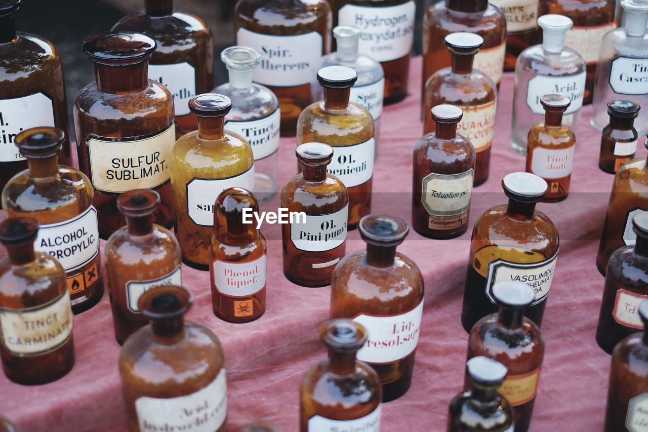 High angle view of bottles on table at laboratory