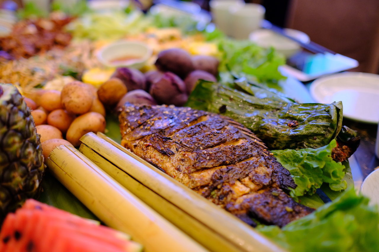 High angle view of food served on table