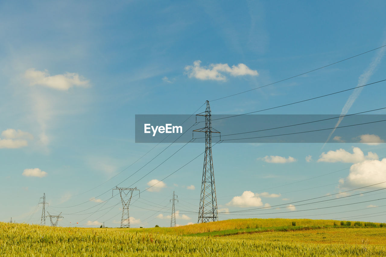 electricity, sky, cable, cloud, electricity pylon, power generation, power supply, technology, field, power line, landscape, rapeseed, land, nature, plant, agriculture, environment, rural scene, prairie, horizon, beauty in nature, growth, scenics - nature, crop, plain, no people, canola, tranquility, tranquil scene, day, flower, vegetable, farm, oilseed rape, grassland, rural area, outdoors, food, grass, produce, cereal plant, idyllic, non-urban scene, blue, overhead power line, yellow
