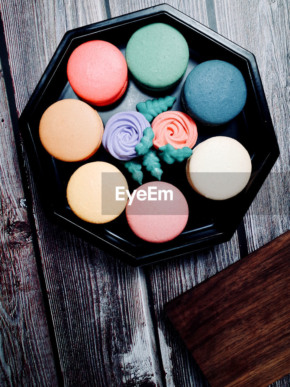 High angle view of multi colored candies on table
