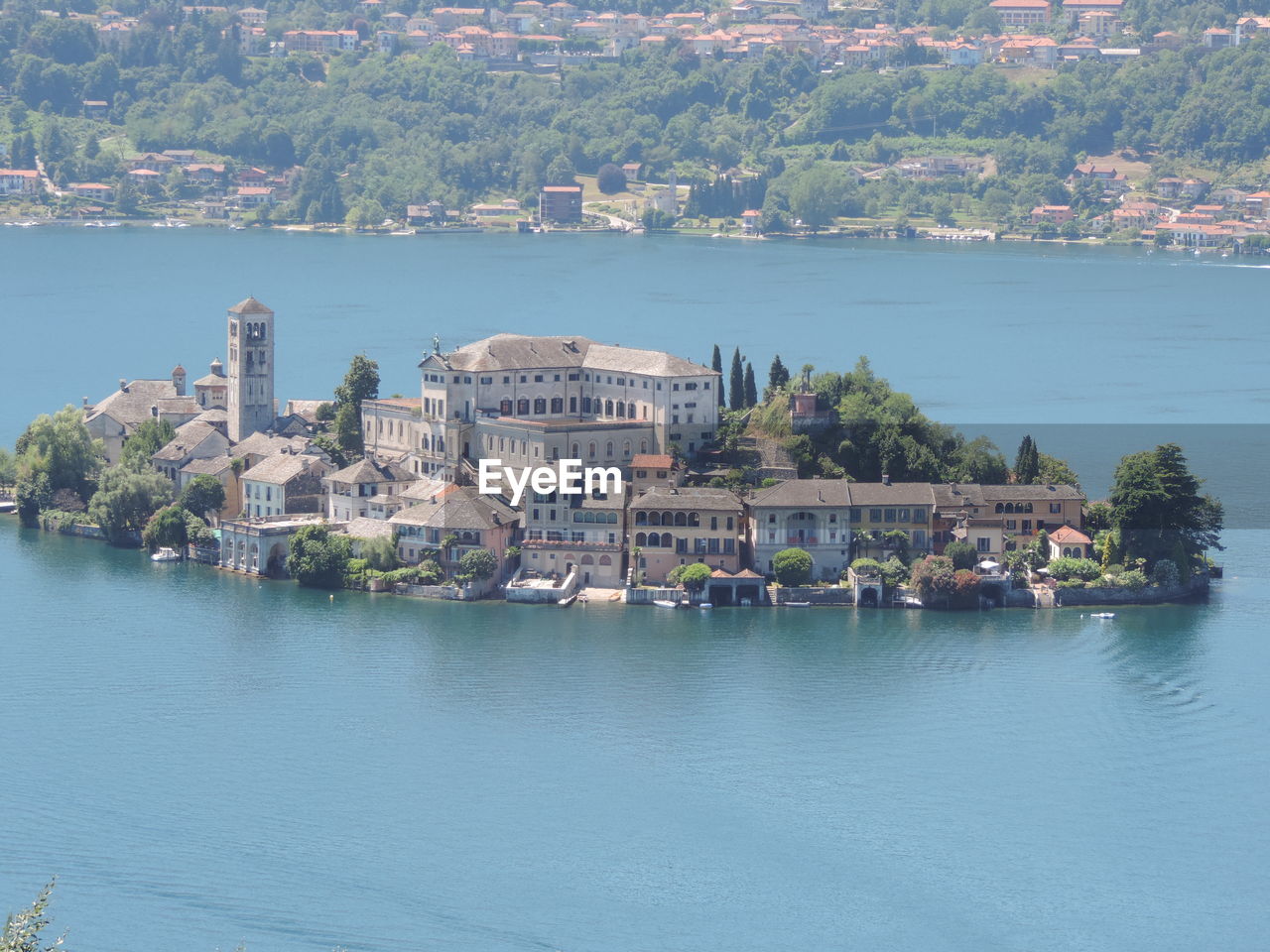 High angle view of isola san giulio amidst lake orta