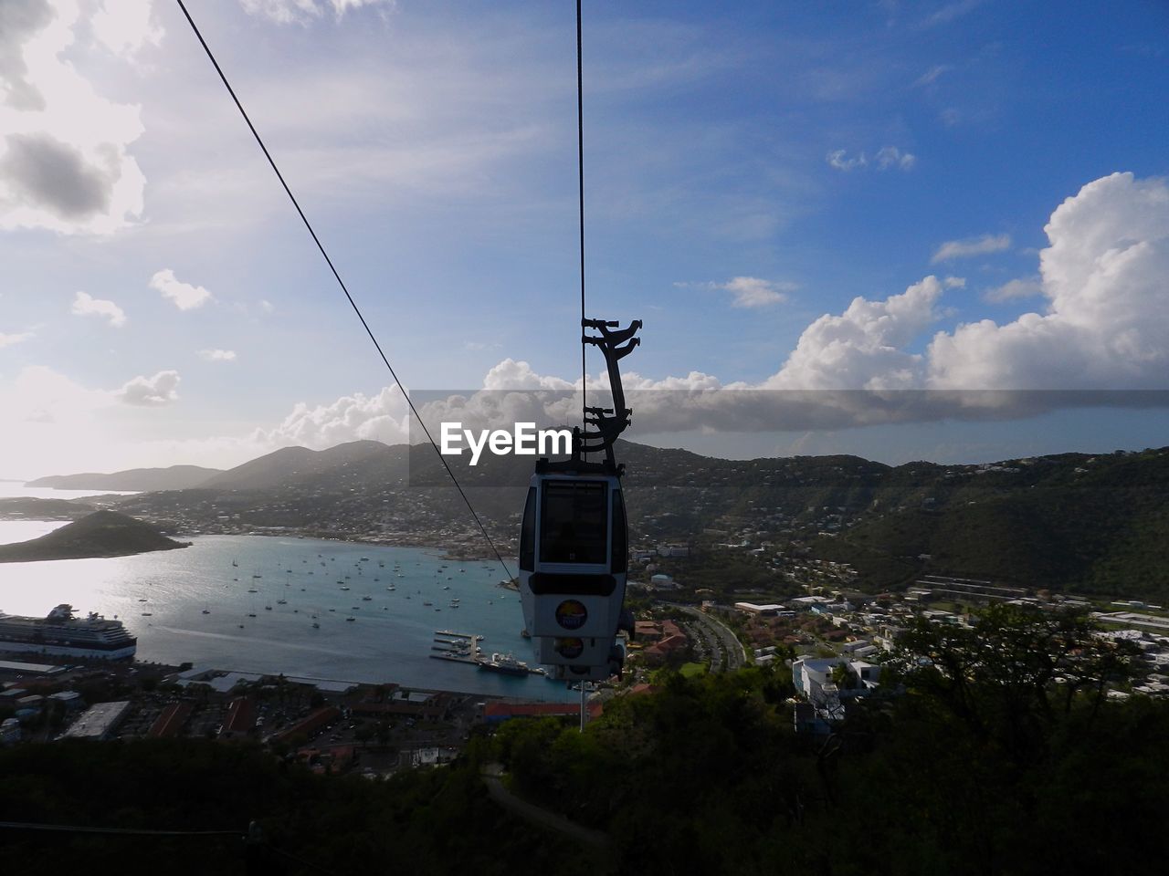 OVERHEAD CABLE CAR OVER SEA AGAINST MOUNTAINS