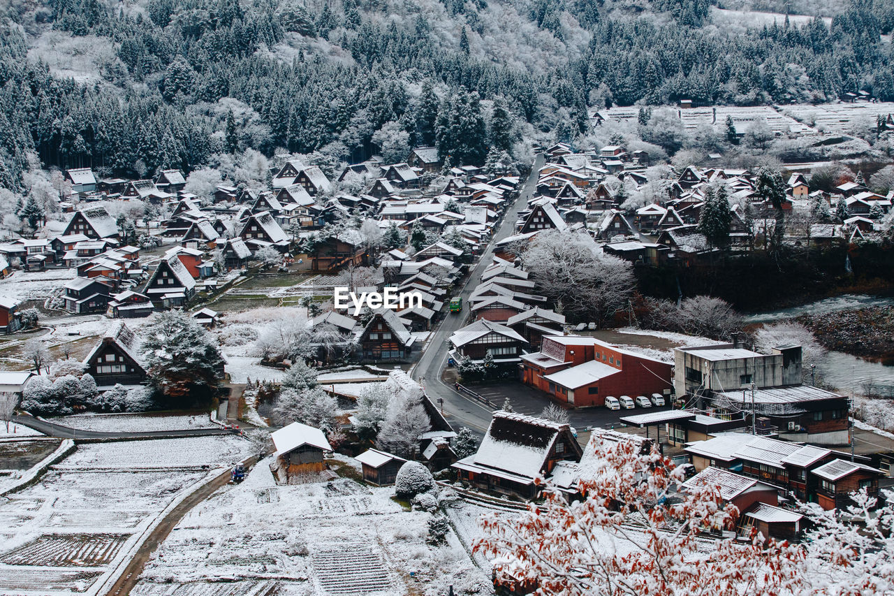 HIGH ANGLE VIEW OF TOWNSCAPE AND TREES IN WINTER