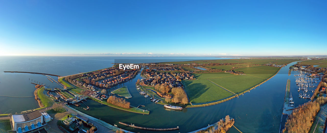 Aerial panorama from the city stavoren at the ijsselmeer in friesland the netherlands