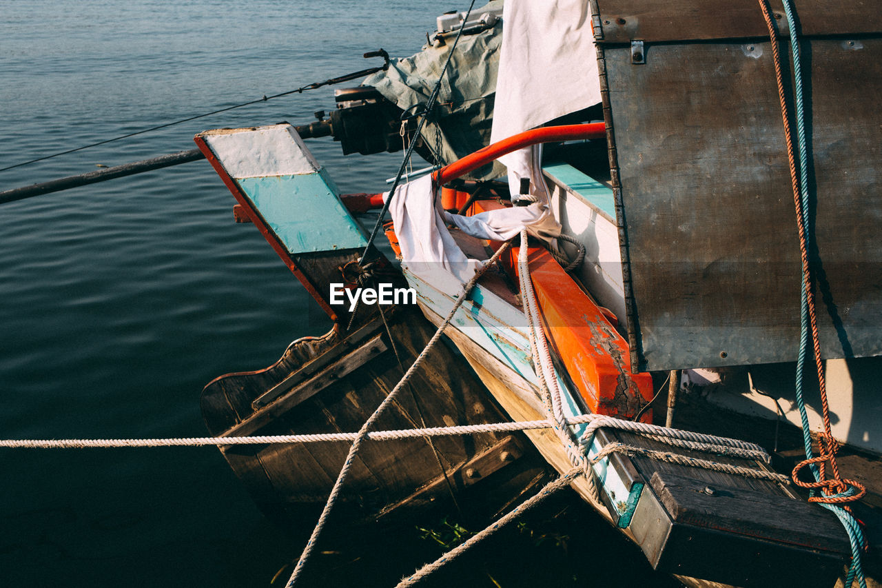 High angle view of boats moored on sea