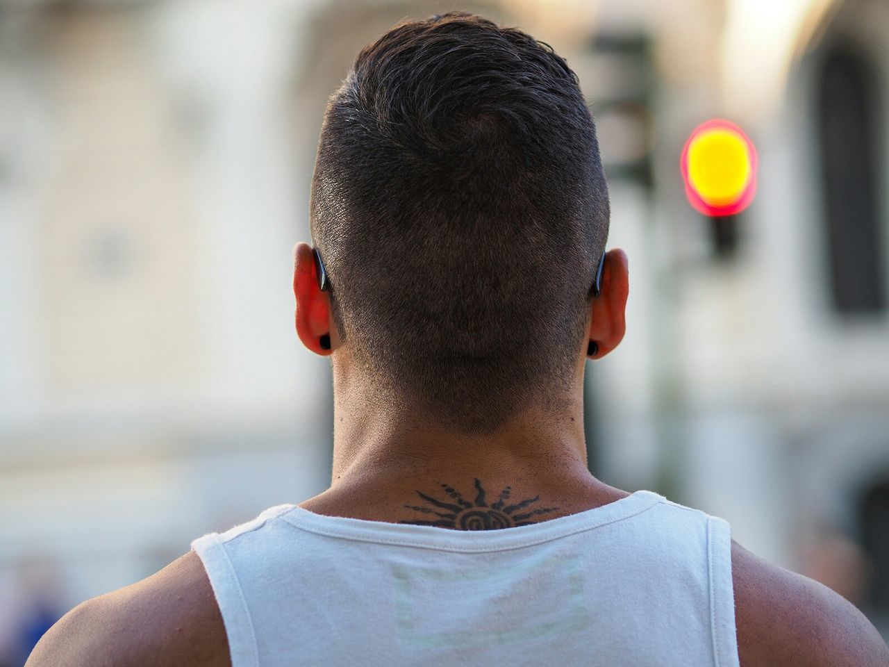 Rear view of man on street