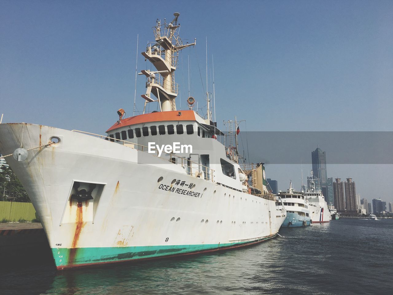 Ship in sea against clear sky