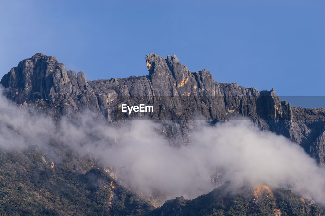 High section of rocky mountain against clear blue sky