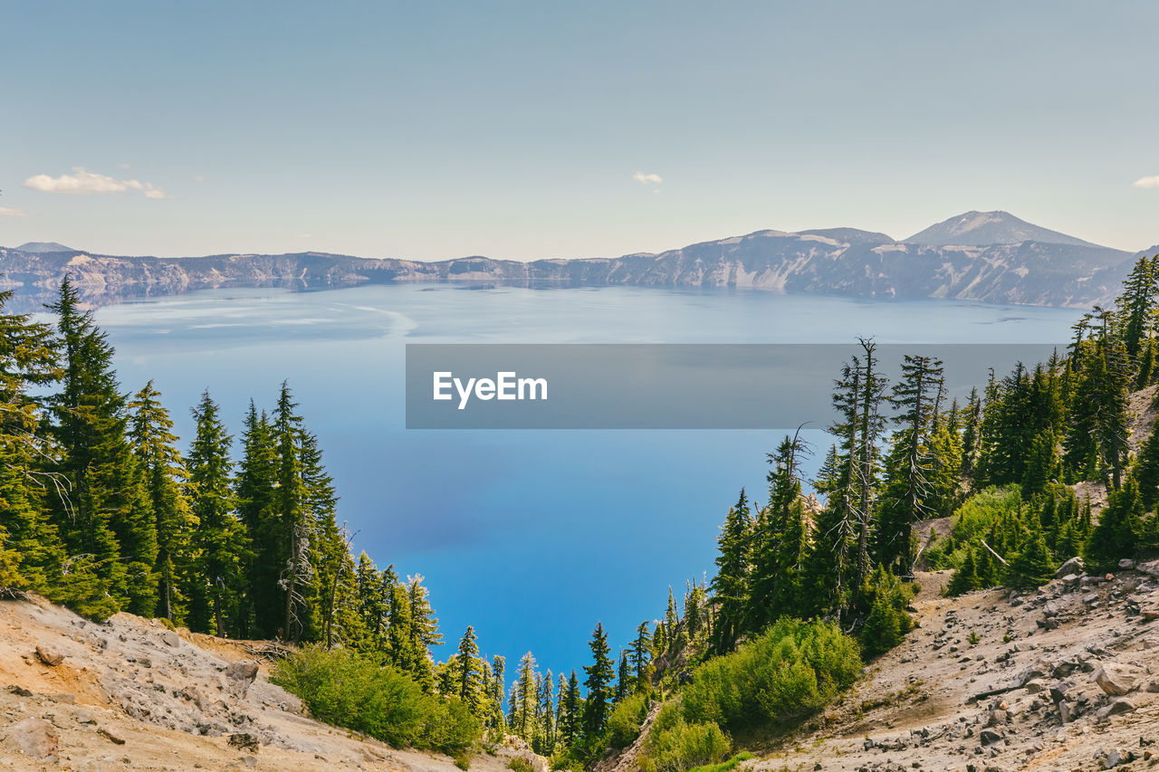 Landscape views of crater lake in oregon during the summer.