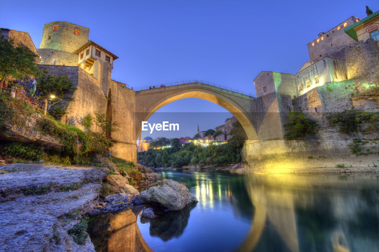 Stari most, old bridge in mostar by night, bosnia and herzegovina, hdr