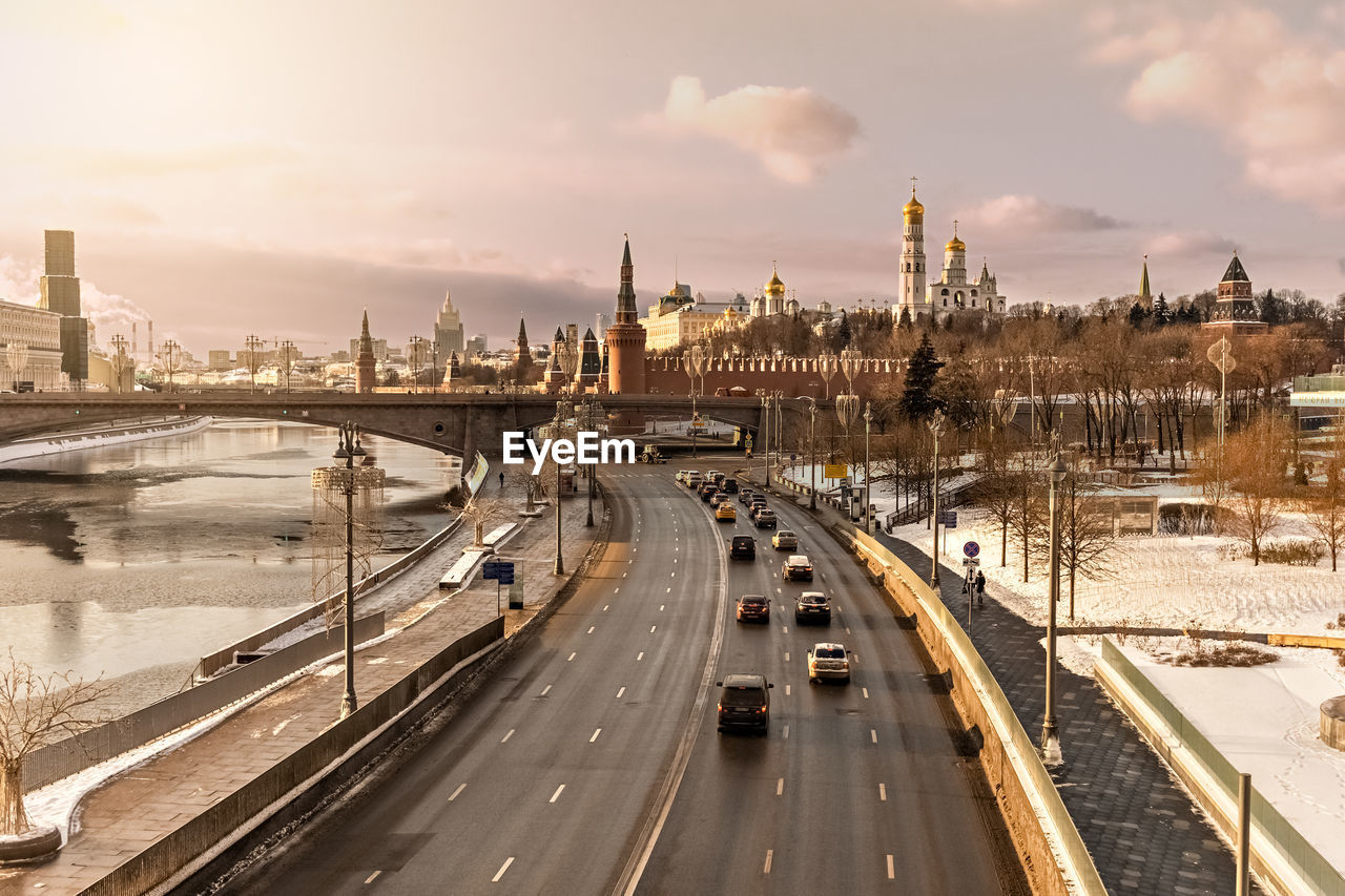 City view of the moskva river and the kremlin in winter.tourism in russia.