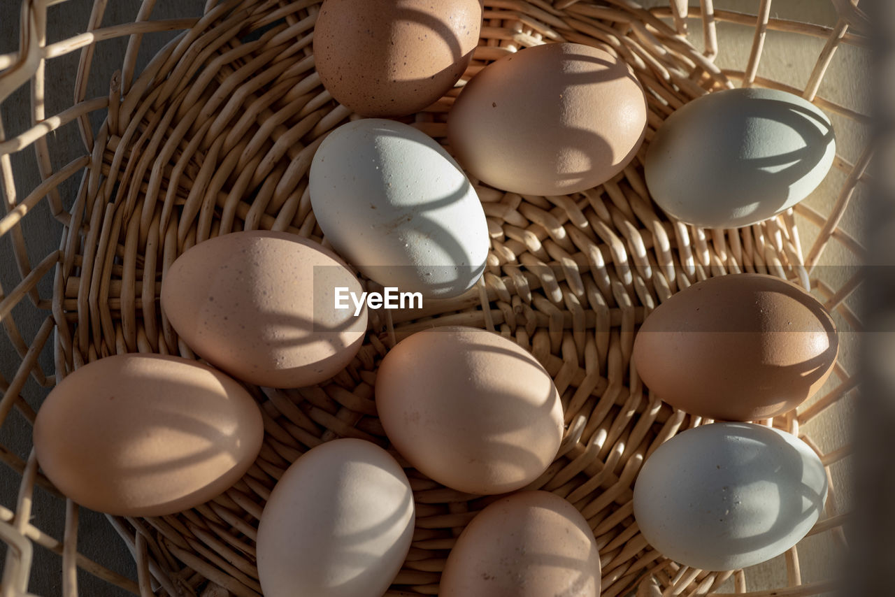 Basket of natural brown and bluish chicken eggs from local farmer's market