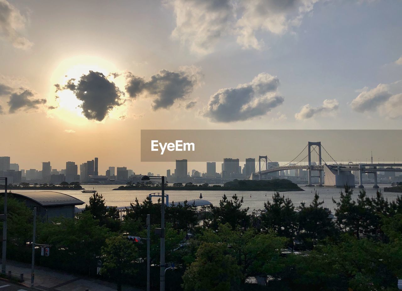 Scenic view of buildings against sky during sunset