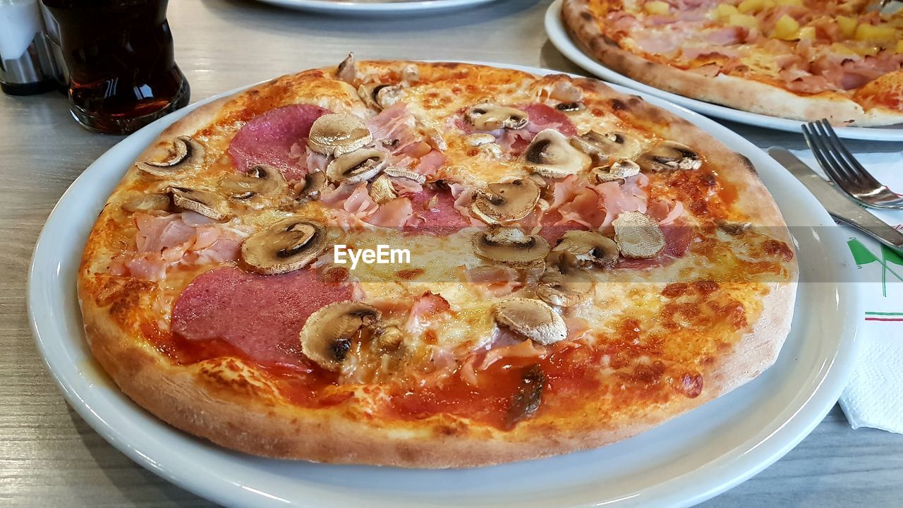HIGH ANGLE VIEW OF PIZZA IN PLATE