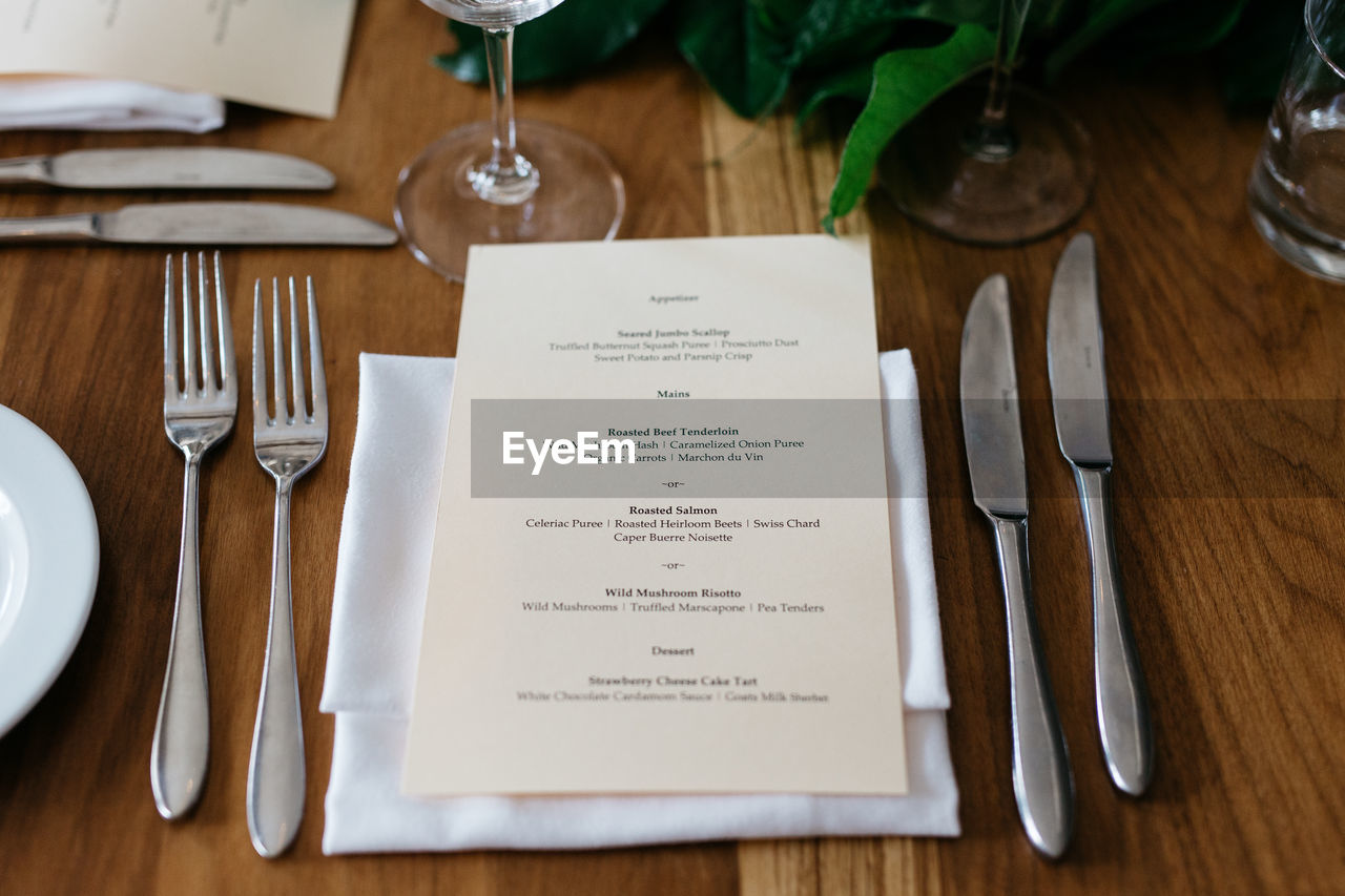 Close-up of menu on restaurant table