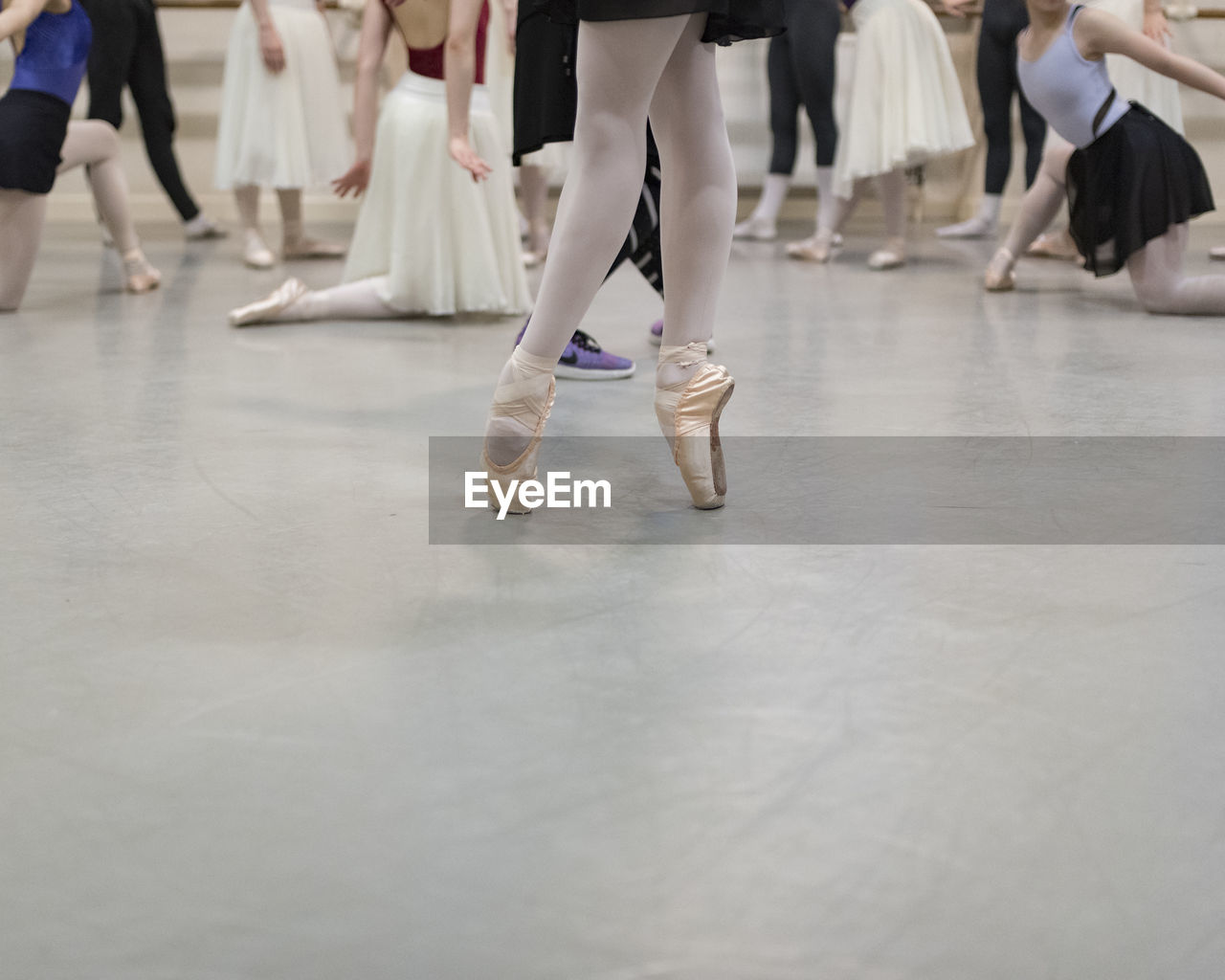 Low section of ballet dancers dancing in studio