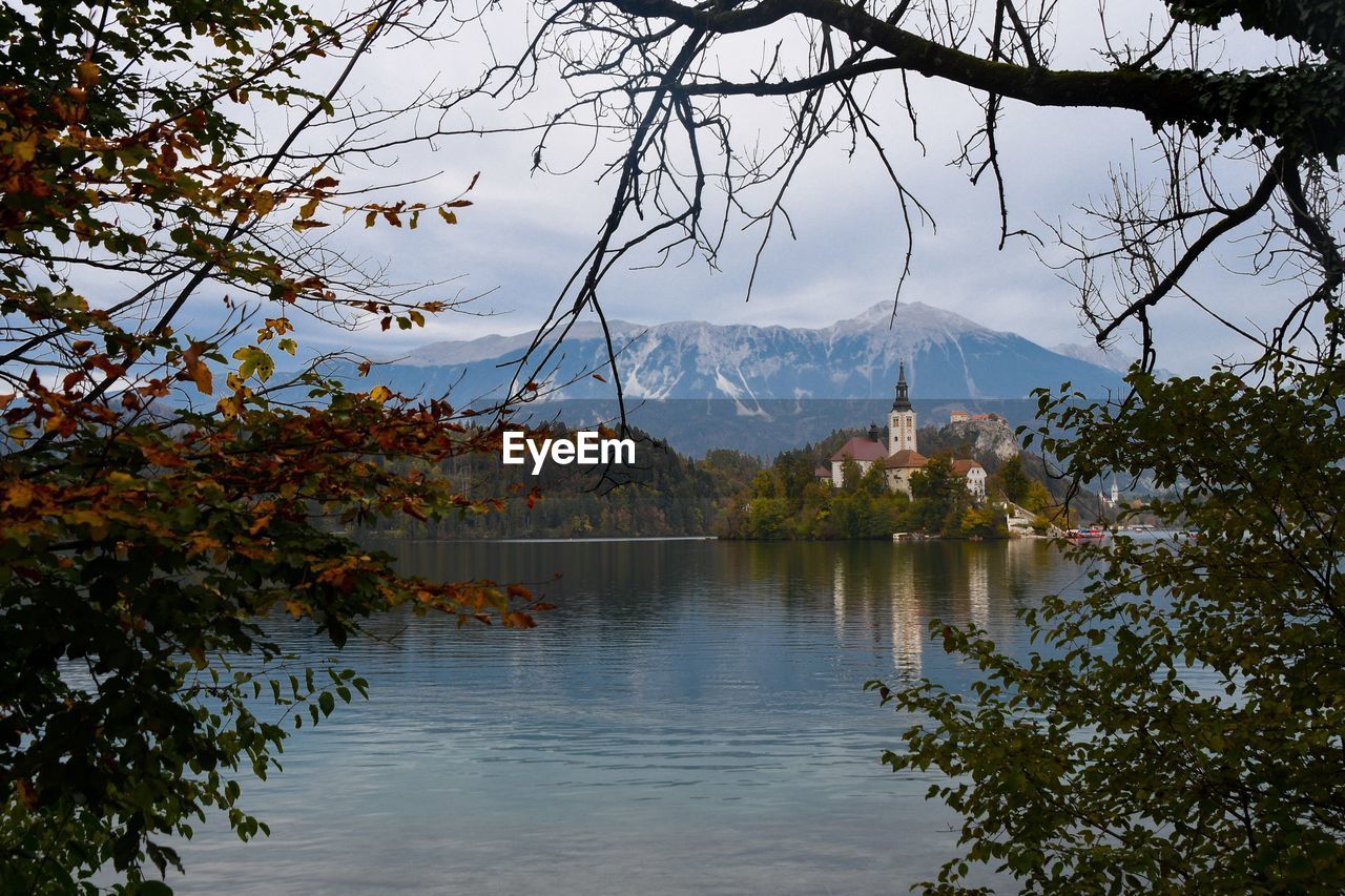 Scenic view of lake against sky during autumn