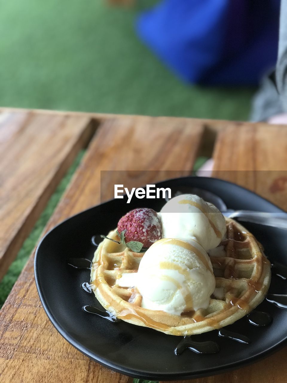 high angle view of dessert in plate on table