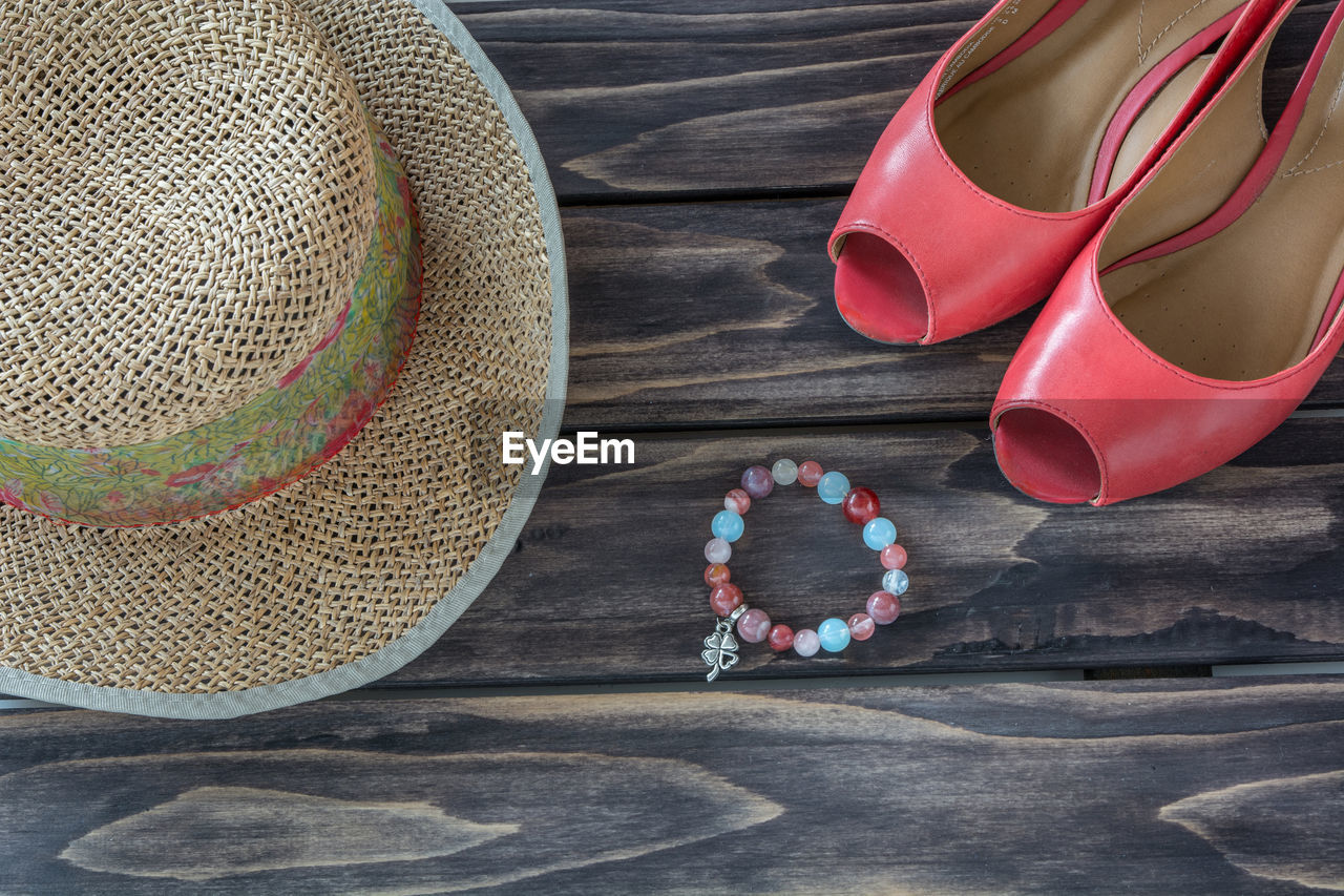 Close-up of footwear and sun hat