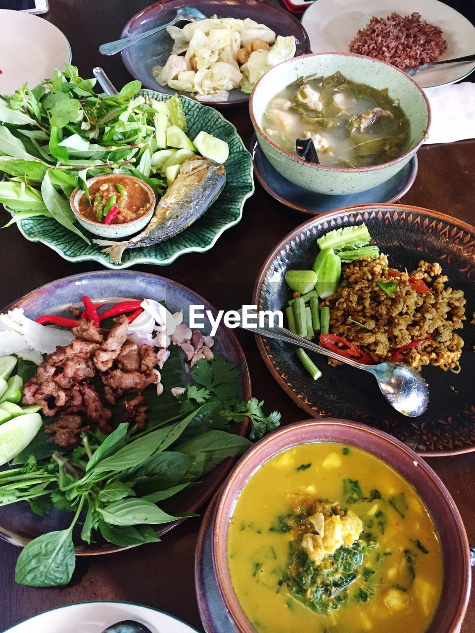 High angle view of food served on table