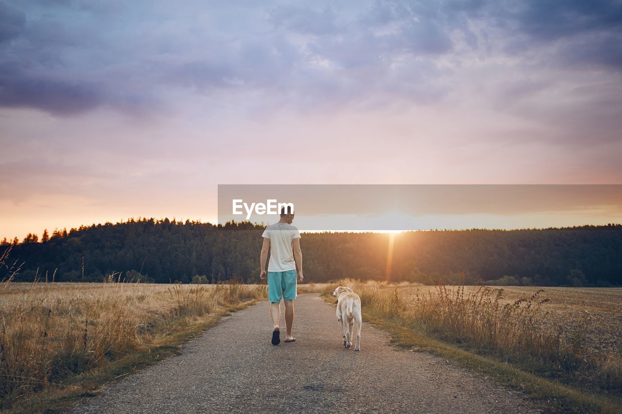 Rear view of man with dog walking on road during sunset