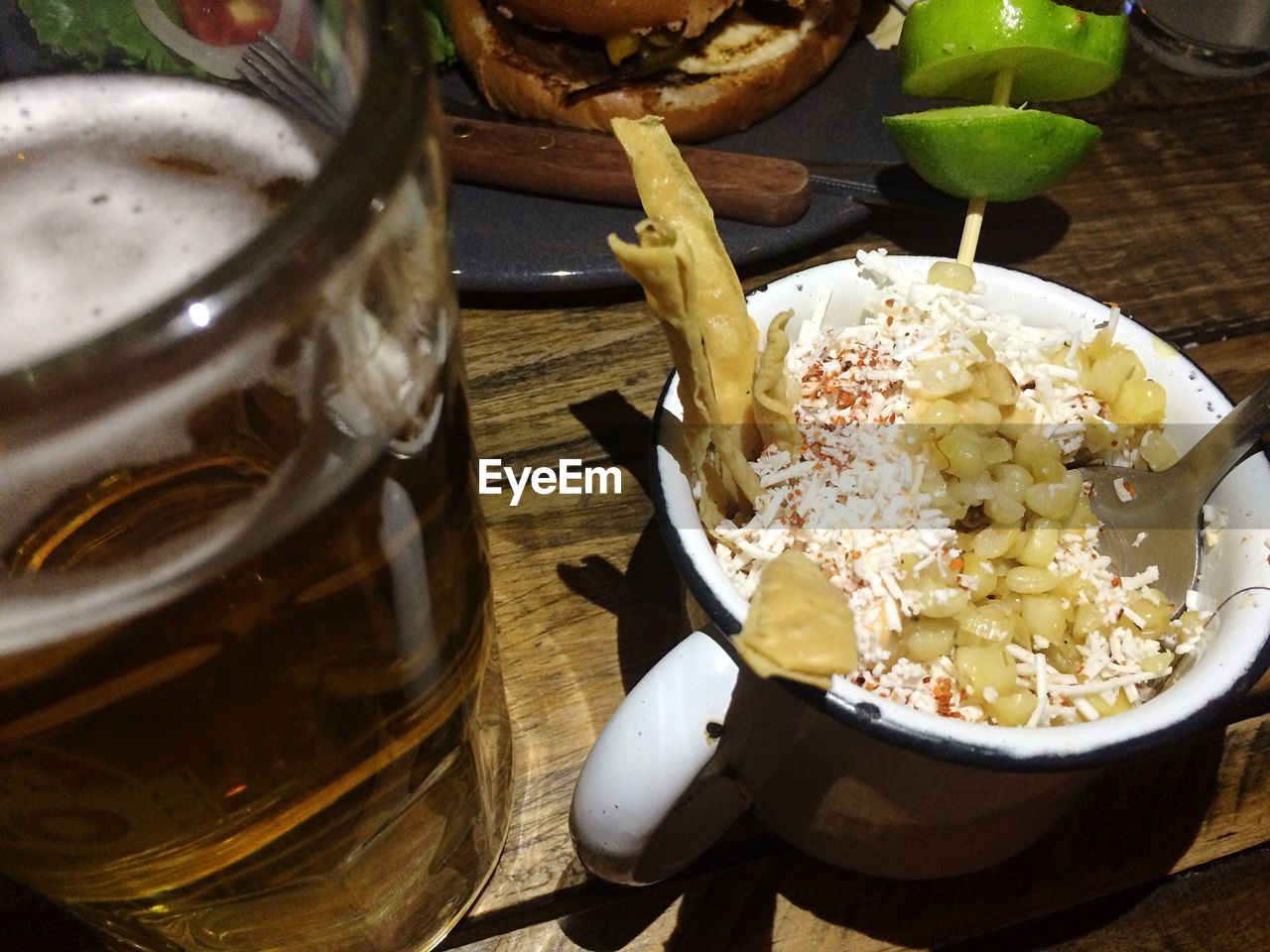 High angle view of food and drink on table