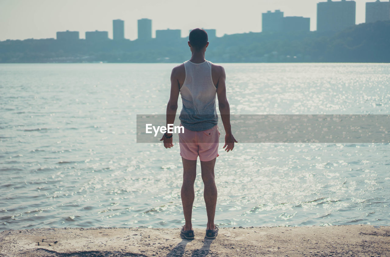 Rear view full length of man standing at beach