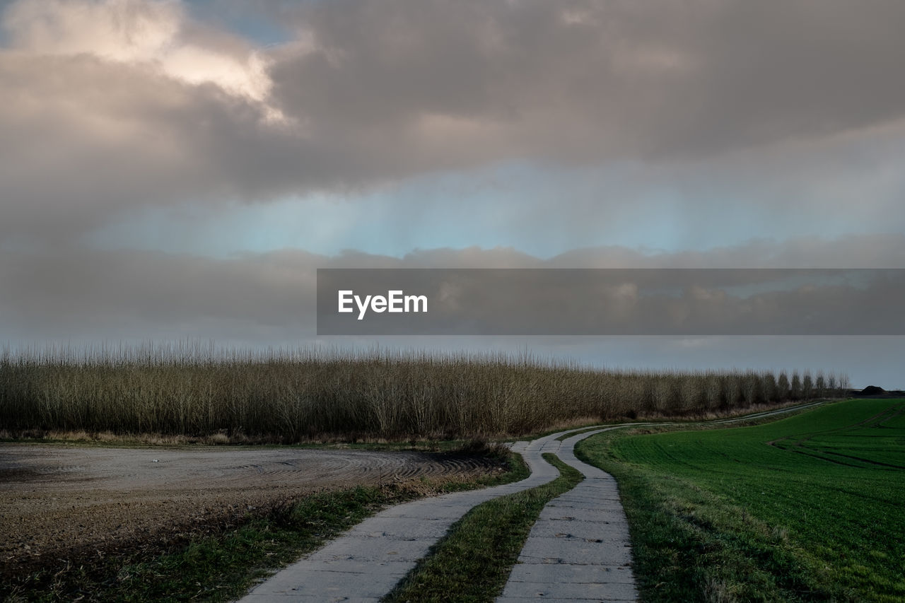 ROAD PASSING THROUGH FIELD AGAINST SKY