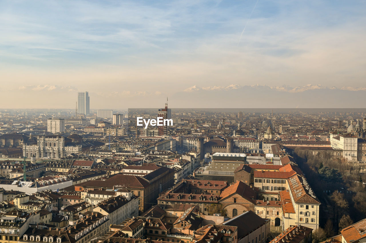 Elevated view of the city center of turin, italy