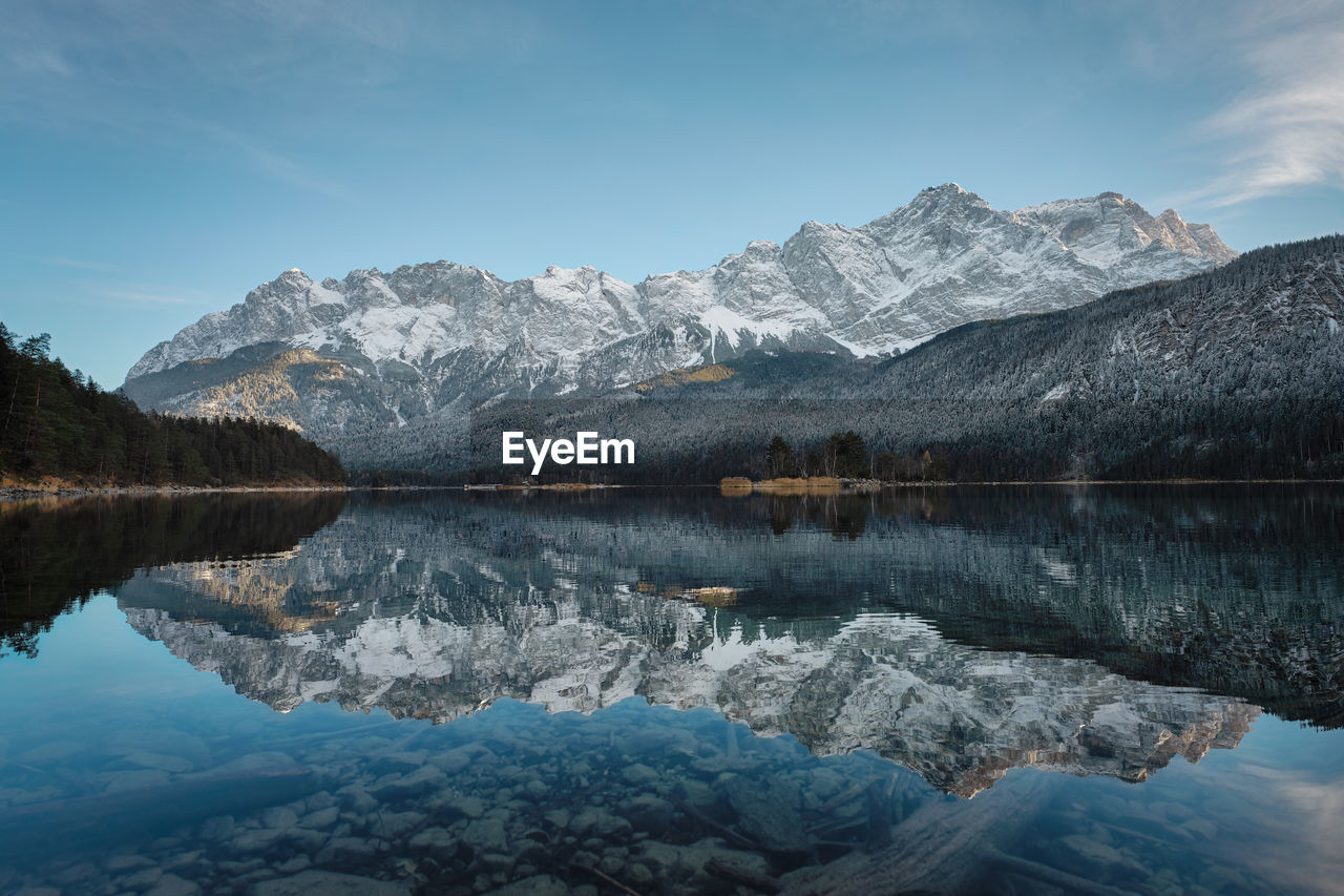 Scenic view of lake and mountains against sky