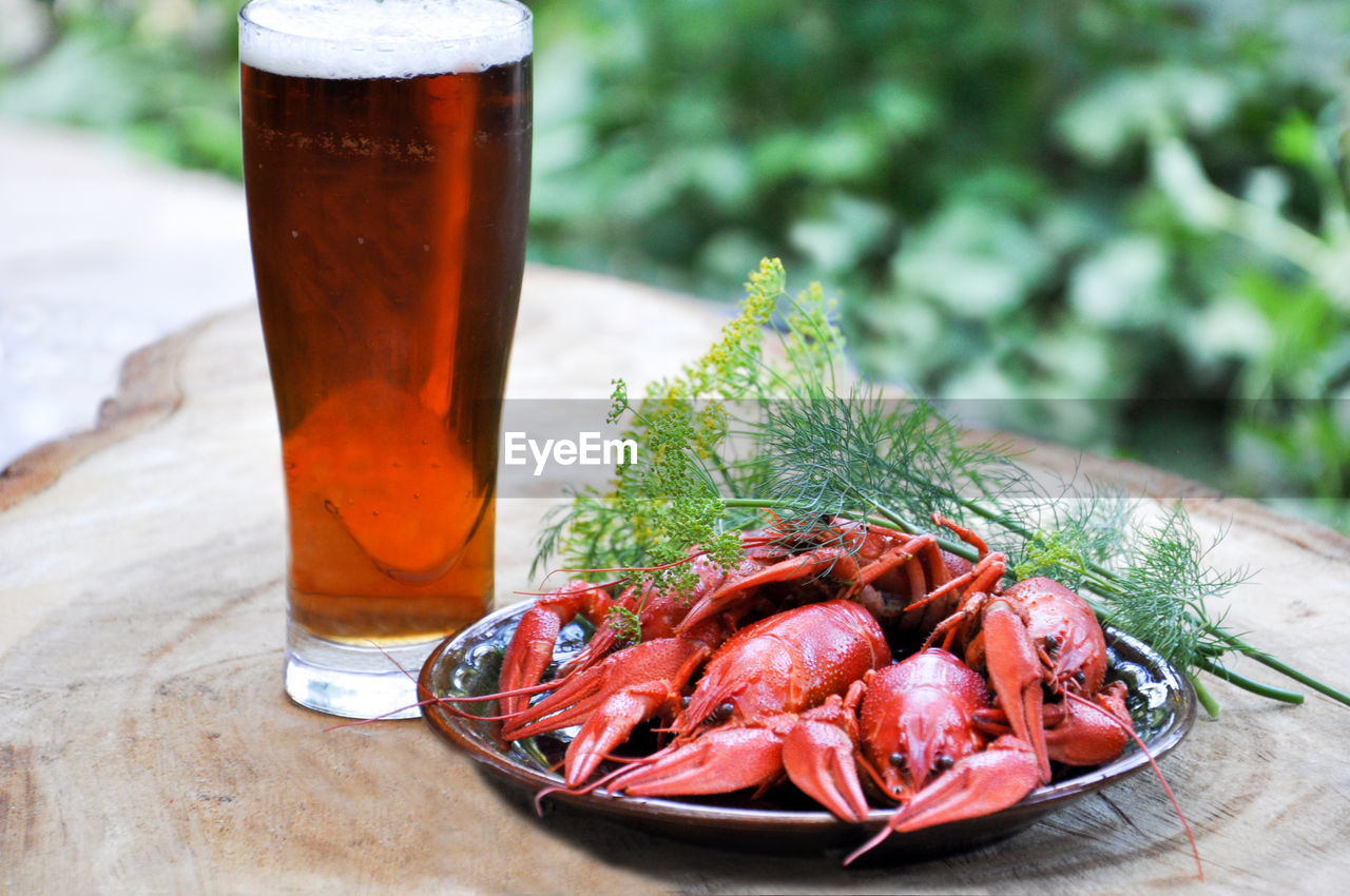 Close-up of beer in glass on table