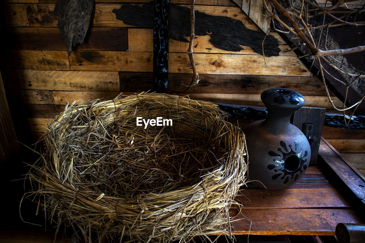 High angle view of eggs in nest on table