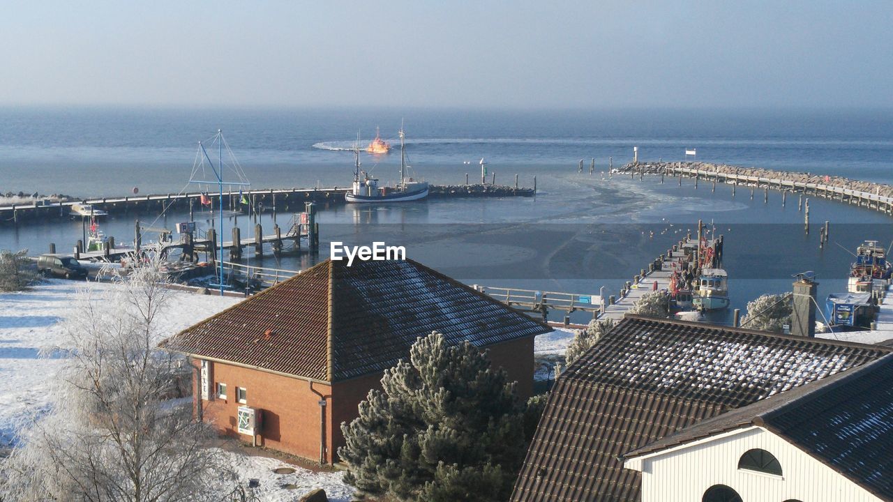 View of fishing trawler arriving on port