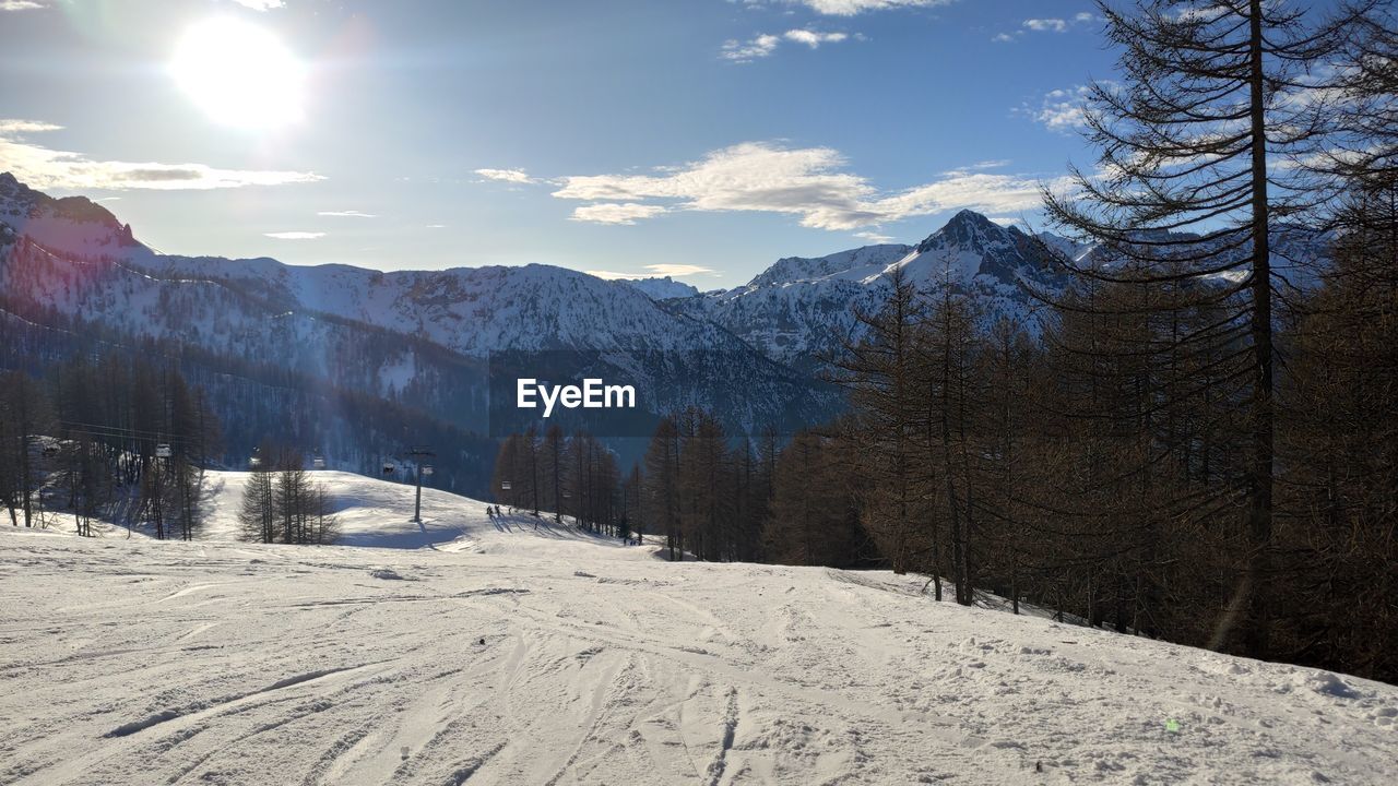 SNOW COVERED LANDSCAPE AGAINST SKY