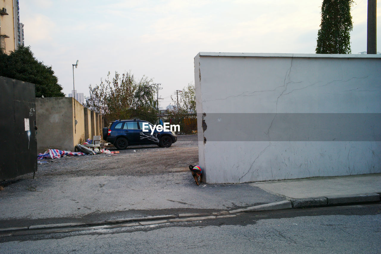 CARS ON ROAD BY BUILDING AGAINST SKY