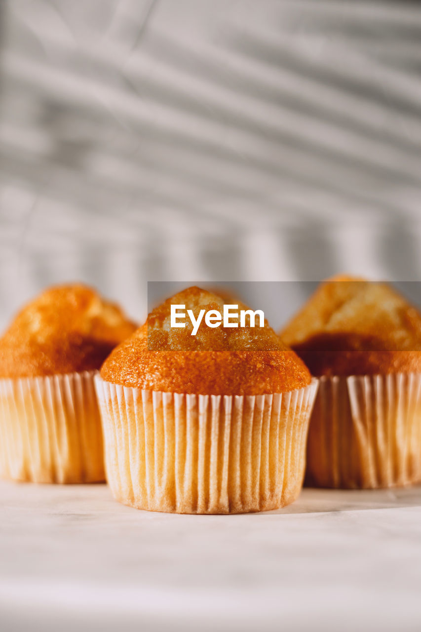 CLOSE-UP OF CUPCAKES ON TABLE AGAINST WALL