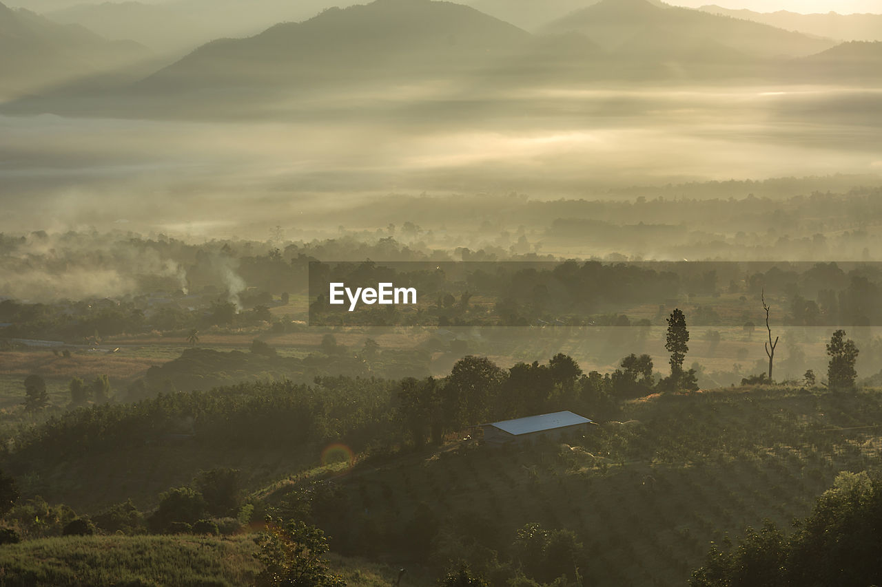 Scenic view of landscape during foggy weather