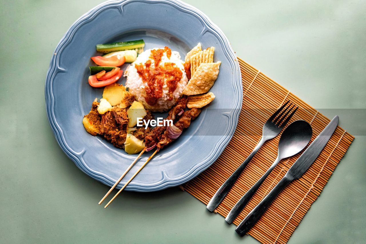 High angle view of food in plate on table