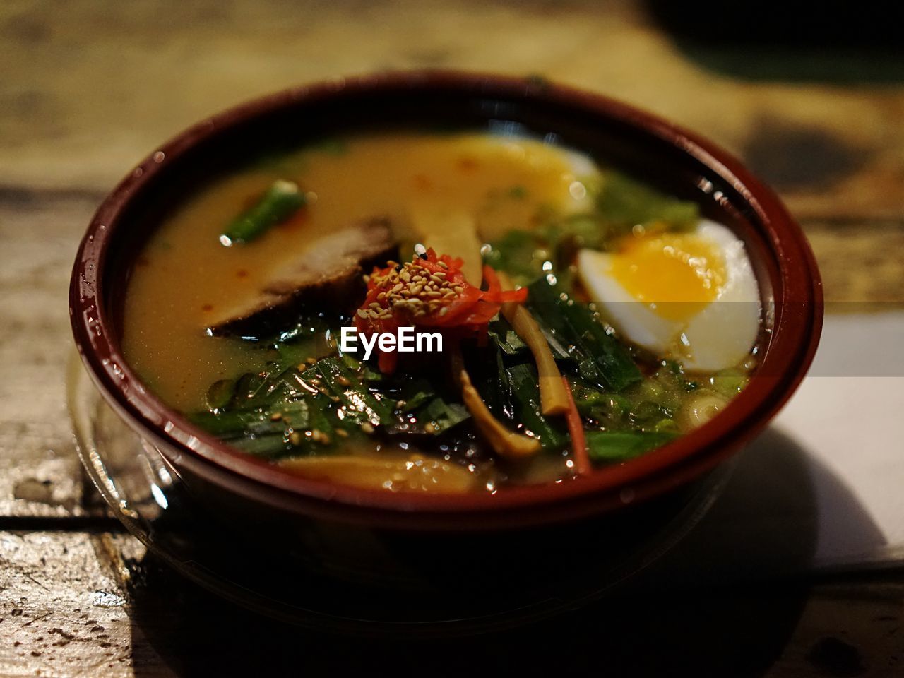 Close-up of ramen served on table