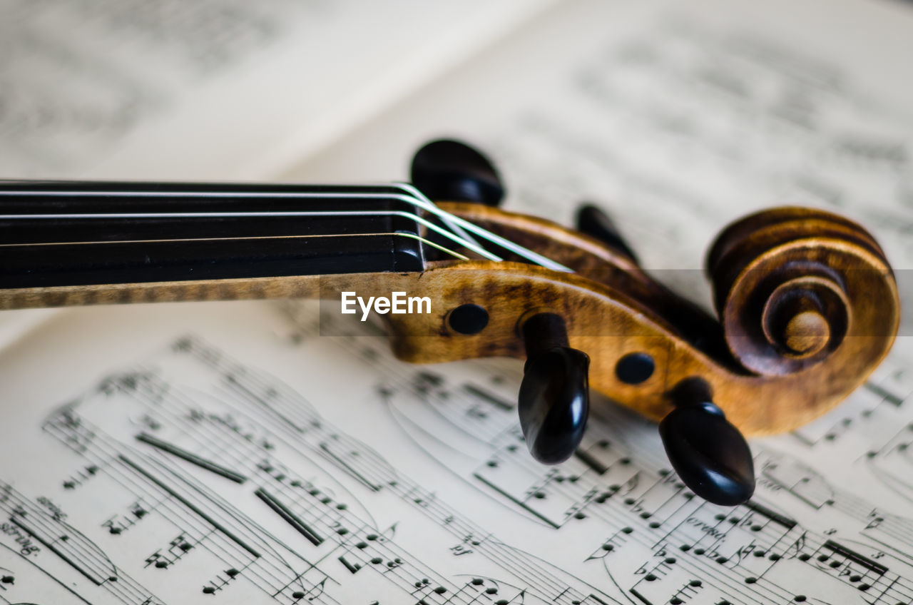 Close-up of violin on musical note