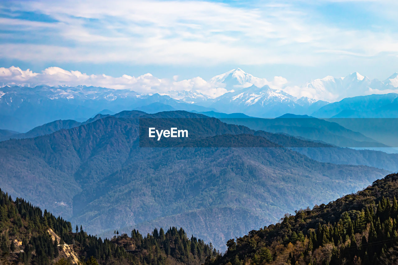 Multilayer mountain range of himalaya with valley view and amazing sky at day from flat angle