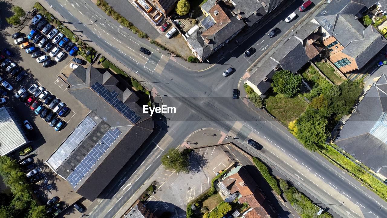 An aerial view of a major road junction in the centre of stowmarket, suffolk, uk