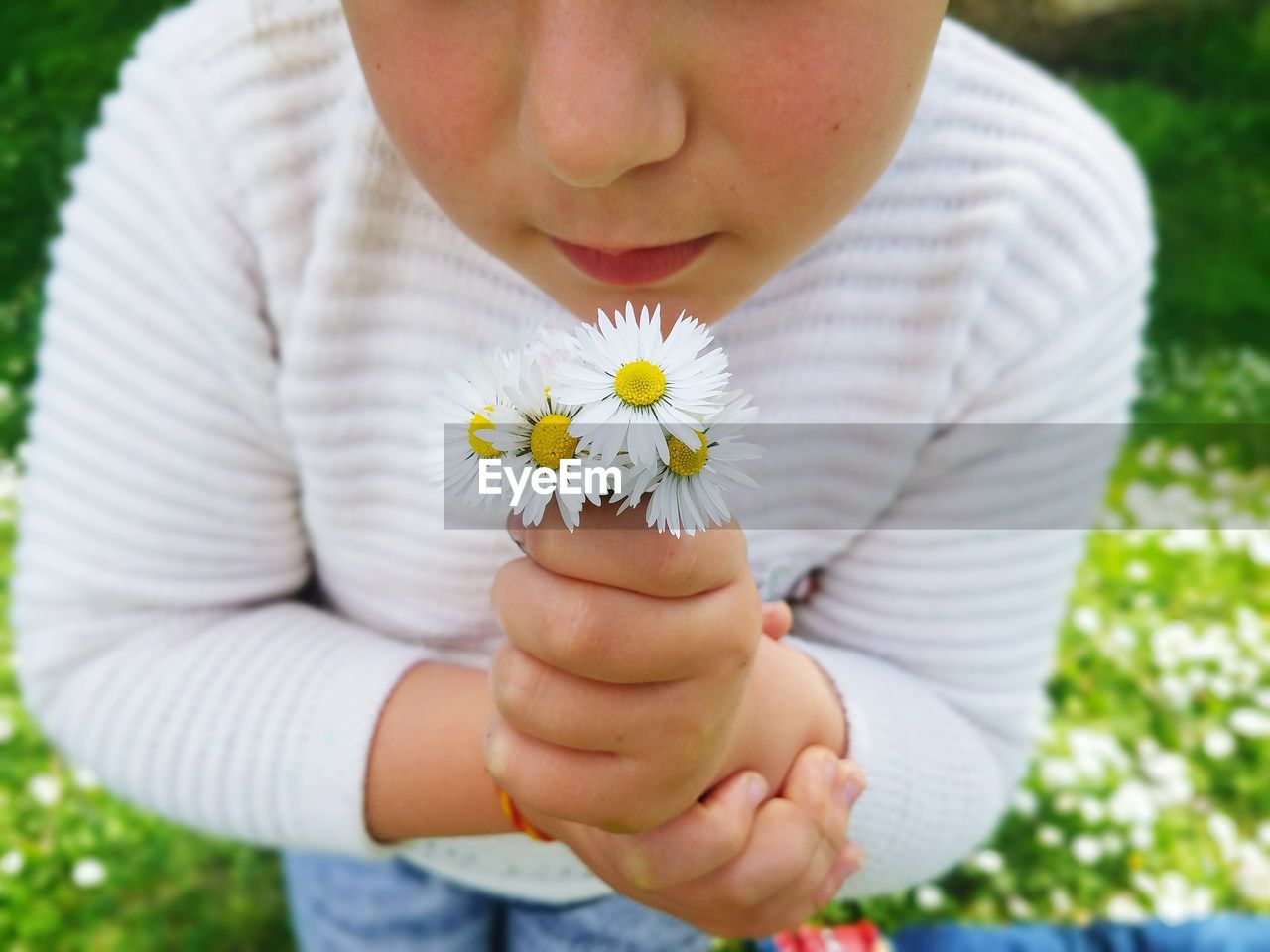 Midsection of girl holding white flowers at park