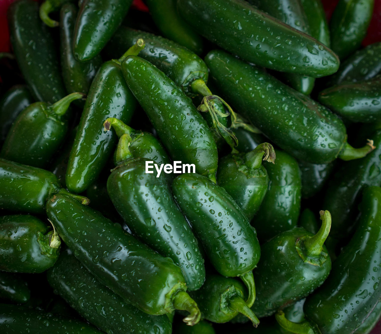 Full frame shot of wet green chili peppers