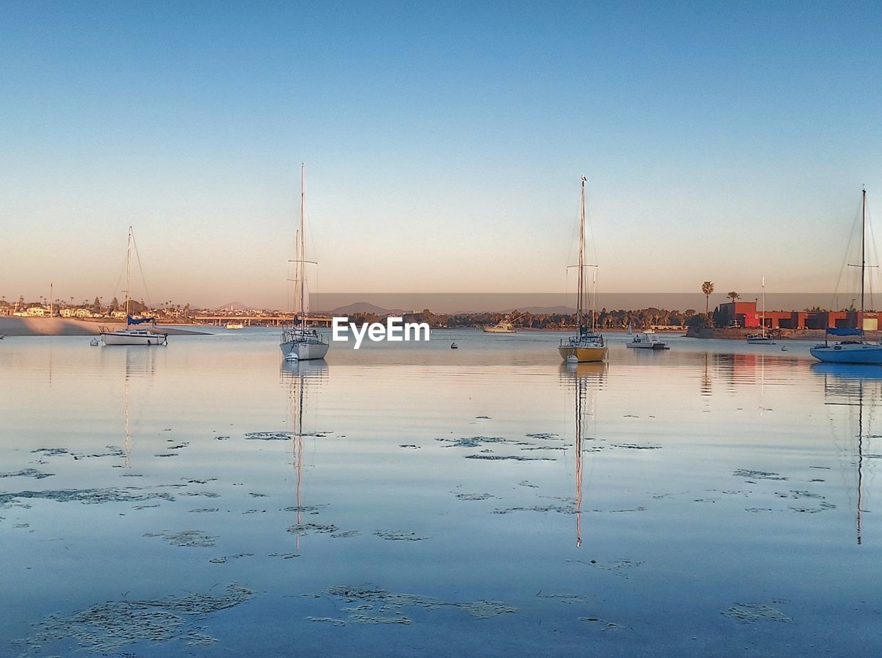 water, sky, reflection, nautical vessel, sea, transportation, nature, marina, dock, beauty in nature, tranquility, sailboat, mode of transportation, ship, scenics - nature, shore, blue, horizon, tranquil scene, morning, no people, clear sky, boat, vehicle, travel, dusk, harbor, travel destinations, idyllic, land, outdoors, pole, environment, beach, bay, moored, copy space, mast, day, sunrise, landscape, architecture, ocean, sunlight, watercraft