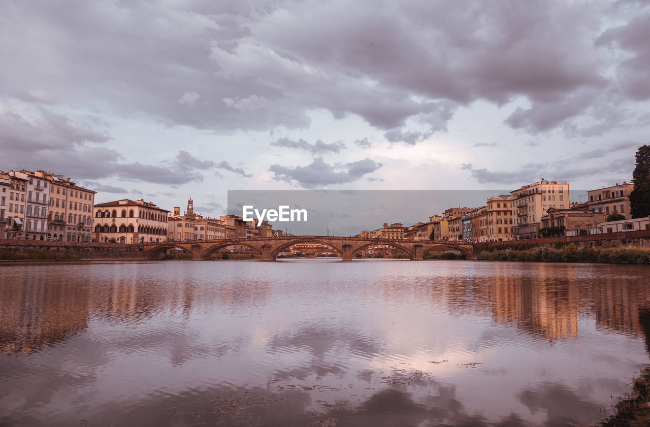 REFLECTION OF BUILDINGS IN LAKE AGAINST SKY