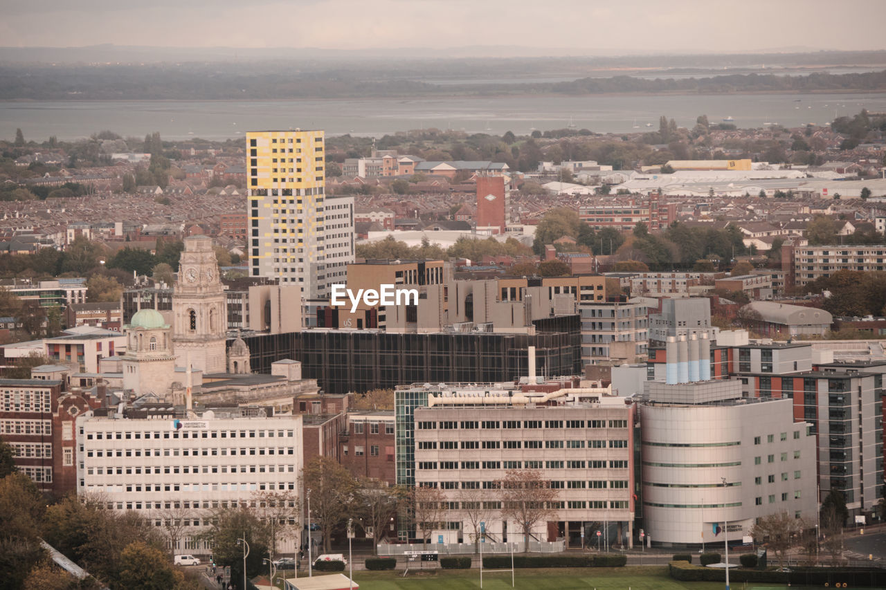 Aerial view of the city and the harbour of portsmouth, hampshire, southern england